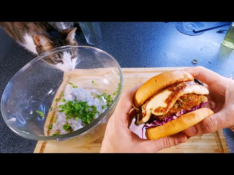 Cooking Cheesy Shrimp Burgers with my Cat