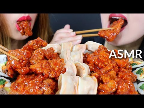 ASMR SPICY KOREAN FRIED CHICKEN + KIMCHI MANDU 양념 치킨 리얼사운드 먹방 | Kim&Liz ASMR