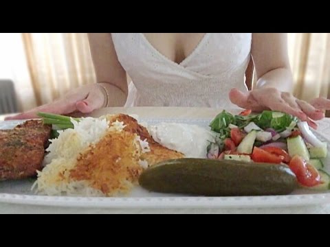 ASMR Eating Salmon and Basmati Rice and Shirazi Salad