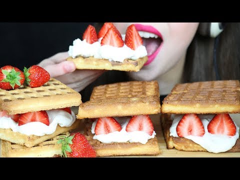 ASMR WAFFLES with WHIPPED CREAM, Strawberries & Chocolate Sauce (CRUNCHY Eating Sounds)