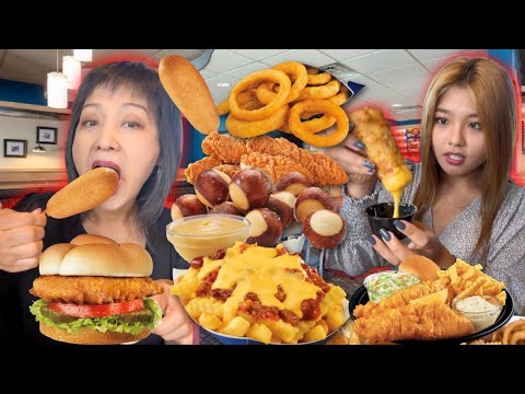 FRIED FOOD FEAST! SPICY FRIED CHICKEN, CORN DOGS, ONION RINGS, FRIES, CHEESEBURGERS, CHEESE SAUCE