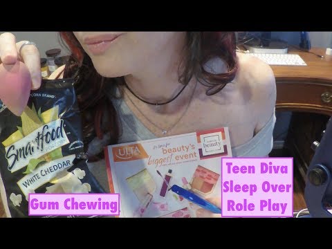 ASMR Gum Chewing Teen Sleepover Role Play With Makeup Catalog Flip Through.