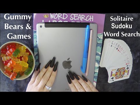 ASMR Eating Gummy Bears & Playing Games | Solitaire, Sudoku, Word Search | Whispered