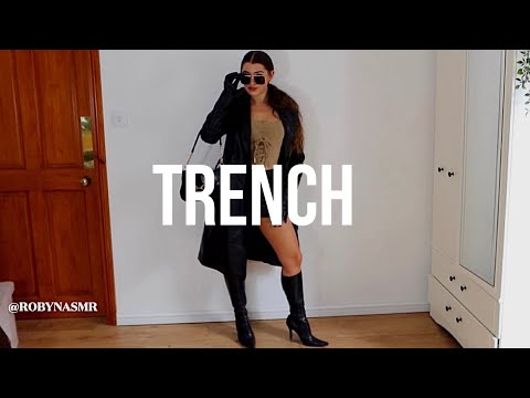 Leather Trench coat 🧥 ASMR fashion show try-on styling | stilettos & gloves