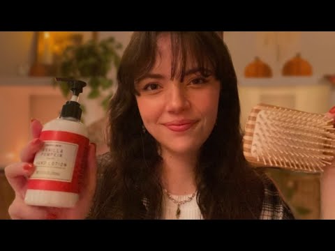 ASMR 🍂 Cozy Autumn Personal Attention (skincare, hairbrushing, counting freckles, pampering)