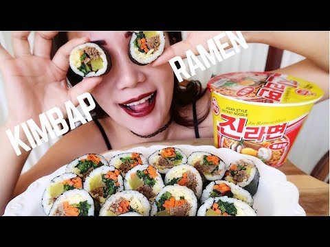 ASMR Kimbap (Korean sushi) + Spicy Ramen.  김밥, 진라면 먹방 mukbang Eating Sound ( No Talking)