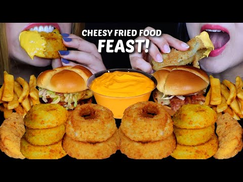 ASMR CHEESY FRIED FOOD FEAST! GIANT ONION RINGS, FRIED CHICKEN TENDERS, BACON CHEESEBURGERS, FRIES