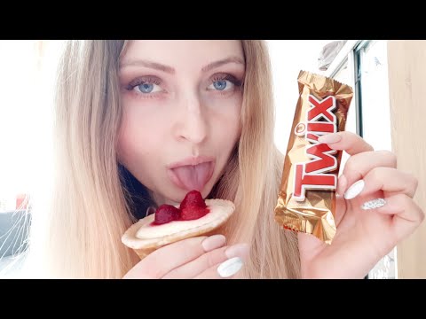 Asmr ,Cake, strawberry, candy bar, food sounds, eating sounds,  mouth sounds,