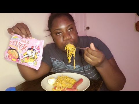 ASMR spicy cheesy buldak noodles with eggs and sausage mukbang