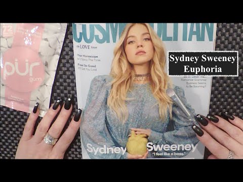 ASMR Gum Chewing Magazine Flip Through | Sydney Sweeney- Euphoria | Cosmopolitan | Whispered