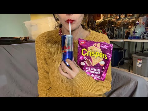 ASMR Eating Chips & Drinking Energy Drink (Crunchy Eating)Whispers Up  close Eating Sounds