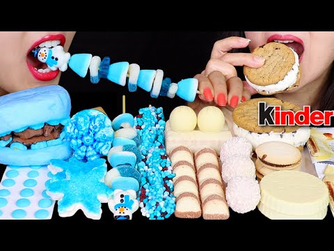ASMR BLUE GUMMY CANDY KABOB, KINDER BUENO, NERDS ROPE, COTTON CANDY MARSHMALLOW, CRYSTAL ICE CONE 먹방