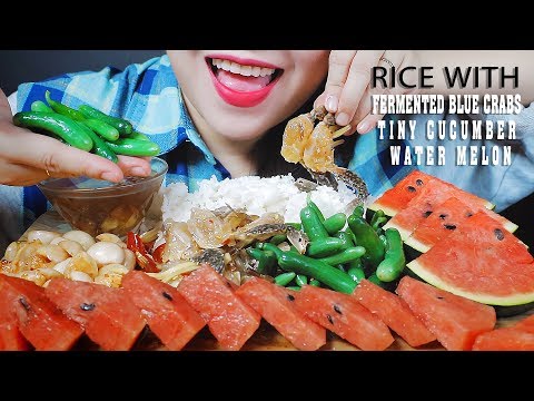 ASMR RICE WITH FERMENTED RAW BLUE CRABS, PICKLED EGGPLANTS AND TINY CUCUMBER WATER MELON | LINH-ASMR