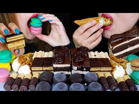 ASMR CHOCOLATE CAKE, CHEESECAKE CONE, MINI ICE CREAM, MACARON, DARK CHOCOLATE ROLL 먹방 | Kim&Liz ASMR