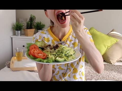 ASMR Whisper Eating Sounds | Zucchini Pasta, Fried Mushroom, Salad & Apple Juice