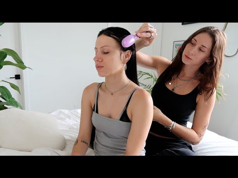 ASMR crisp combing & brushing sounds while playing with alli's hair & massaging her head (whisper)