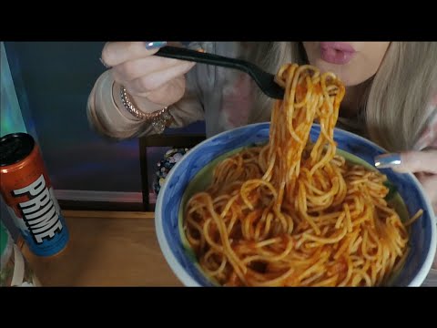 ASMR Spaghetti Mukbang & Whispered Chit Chat | Trying Prime Energy Drink Ice Pop Flavor