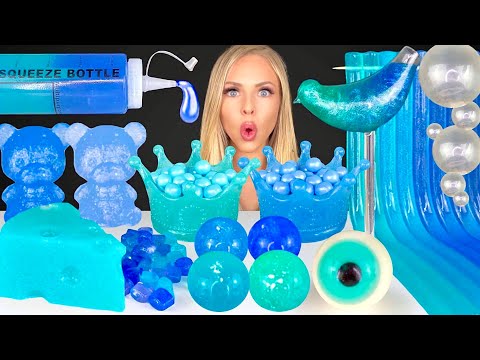 ASMR TEAL AND INDIGO FOOD, EDIBLE PEARLS, CHEESE JELLY, EDIBLE GLITTER SQUEEZE BOTTLE MUKBANG 먹방
