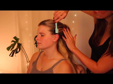 ASMR perfectionist hair styling | precise hair fixing ending with massage on Katelyn (whisper)