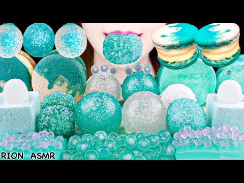 【ASMR】CLEAR TEAL DESSERTS🤍 CANDIED MARSHMALLOW,BIG MACAROON,CANDIED GRAPE MUKBANG 먹방 EATING SOUNDS