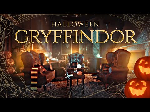 Gryffindor Halloween Night 🎃✨💀 Ambience & Soft Music | Thunderstorm & Fireplace | Hogwarts Inspired