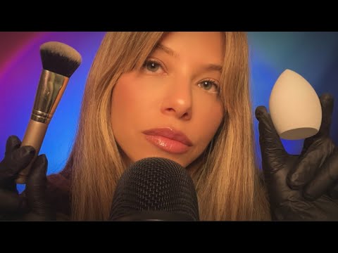 ASMR Soft Mic Brushing + Inaudible Whispers + Mouth Sounds w/ (latex gloves/ beauty blender) 🤍