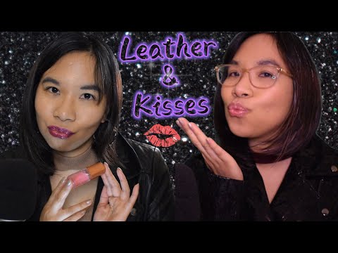 ASMR TWIN: KISSES & LEATHER (+ Unpredictable tapping/scratching & lipgloss) 💋😘 [Binaural]