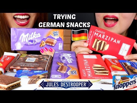ASMR TRYING GERMAN SNACKS (MILKA CHOCOLATE, BISCUITS, COOKIES) 리얼사운드 먹방 | Kim&Liz ASMR