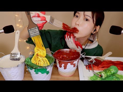 ASMR SPAGHETTI with PAINT Eating Sounds Edible Creamy Sticky Yummy Pasta
