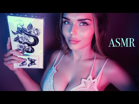 ASMR | Putting on Temporary Tattoos (water + fabric sounds, soft spoken + whisper)