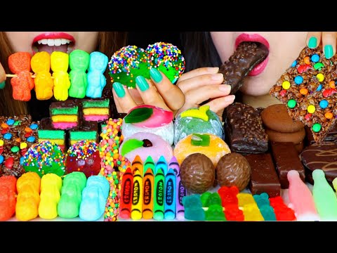 ASMR RAINBOW MARSHMALLOWS, RICE CAKE, M&M'S, EDIBLE CRAYONS, JELLY BALLS, NERDS ROPE, NIK L NIPS 먹방