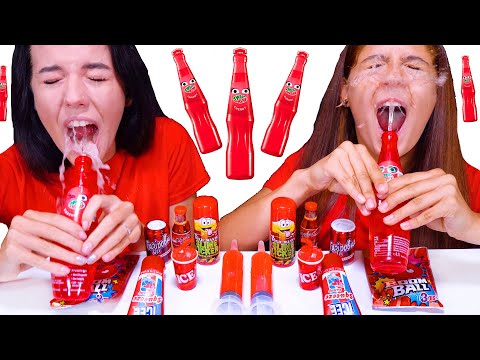 ASMR *RED FOOD* TWIST AND DRINK, SODA BOTTLE, JELLO SHOOTER, SQUEEZE CANDY MUKBANG 먹방