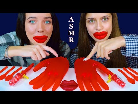 ASMR RED FOOD JELLY GUMMY HANDS, EDIBLE JELLY SPOONS, WAX LIPS CANDY, CRANK POPS MUKBANG
