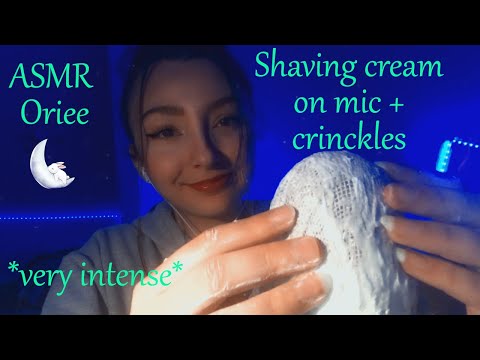 ASMR | Shaving cream on mic + crinckles *very intense* 🤯