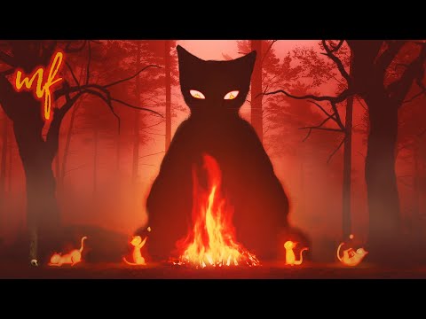 Fire Cat God ASMR Ambience (night forest, fire, cat meow, purring sounds)