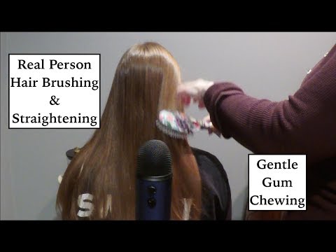 ASMR Hair Brushing & Straightening on Real Person with Gum Chewing.  Whispered Intro