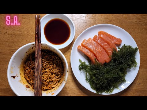 Asmr || Spicy Black Bean Noodles, Salmon & Sea Grapes Eating Sounds (NOTALKING)