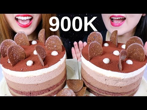 ASMR TRIPLE CHOCOLATE MOUSSE CAKE (900K CELEBRATION)  초콜릿 케이크 리얼사운드 먹방 | Kim&Liz ASMR