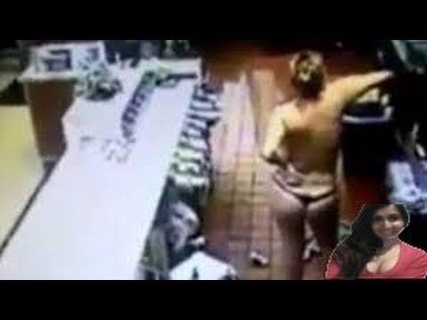 Topless woman goes on McDonald rampage destroys kitchen and everything - video review