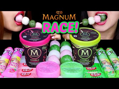 ASMR RACE! PINK VS GREEN MAGNUM ICE CREAM PINTS, DANGO (MOCHI), KITKAT, CHOCOLATE CONES, MONAKA 먹방
