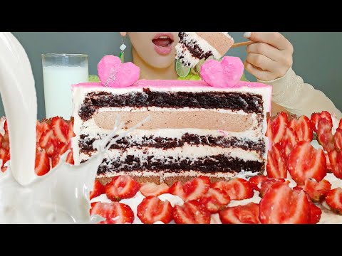 ASMR Three Chocolates Mousse Cake & Milk | Strawberries & Whipped Cream MUKBANG (Eating Sounds)