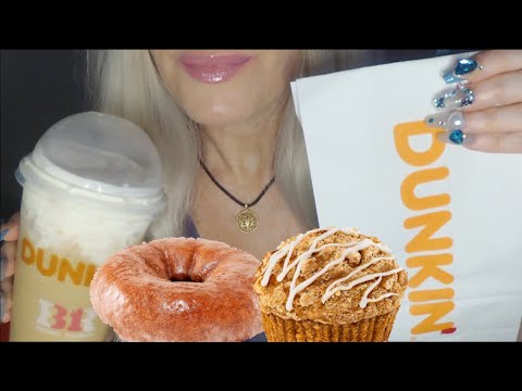 ASMR Tasting Dunkin Donuts Pumpkin Muffin, Donut & Frozen Coffee | Story Time Chit Chat