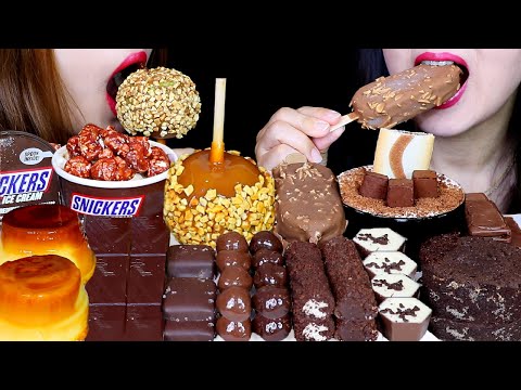 ASMR CHOCOLATE CARAMEL DESSERTS (SNICKERS ICE CREAM SUNDAE, CARAMEL FLAN, CHOCOLATE TRUFFLE, CAKE)먹방