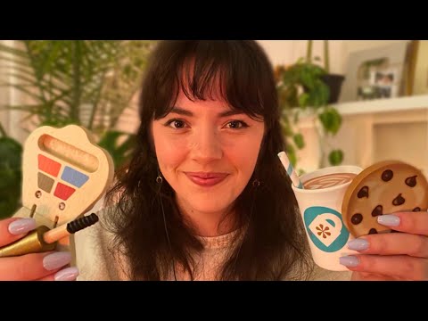 ASMR Wooden Makeup and Coffee Shop Roleplay (layered sounds, wood tapping, pampering, cozy)
