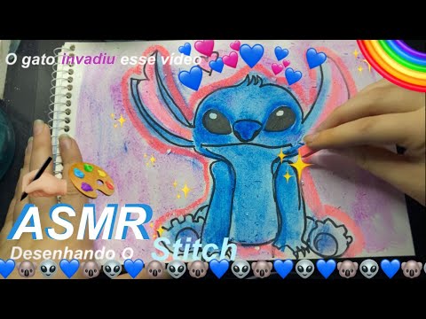 [ASMR Desenhando] COMO DESENHAR COM UM GATO NA CARA🐱Desenhando o Stitch pra nova sub :3👽💙