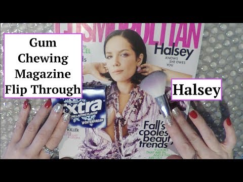 ASMR Gum Chewing Magazine Flip Through. Whisper, Brush, Tracing. Halsey