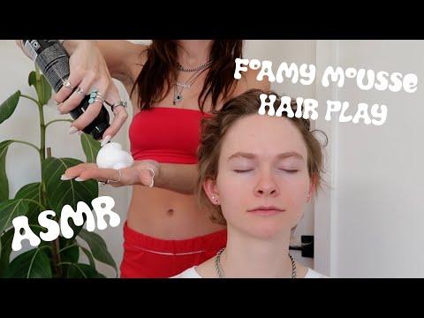 [ASMR] creamy mousse hair play and style with combing and scalp tickle  (whisper, foamy sounds)