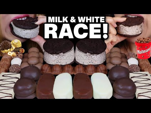 ASMR MILK & WHITE CHOCOLATE RACE! Mini ice cream bars, Maltesers, Zebra chocolate, marshmallows 먹방