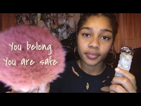 ASMR- Brushing Your Face +  Positive Affirmations (Slight Inaudible + Sage Cleansing) 💕✨