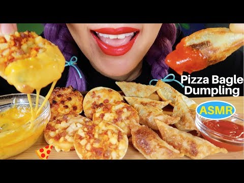 ASMR PIZZA BAGLES+DUMPLING W/ CHEESE SAUCE EATING SOUND |치즈소스 듬뿍 피자 베이글+만두 리얼사운드 먹방 |CURIE.ASMR